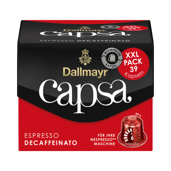 Dallmayr Capsa Espresso Decaffeinato 6 XXL, koffeinfrei, Nespresso-kompatibel, 39 Aluminium-Kaffeekapseln, 218 Gramm